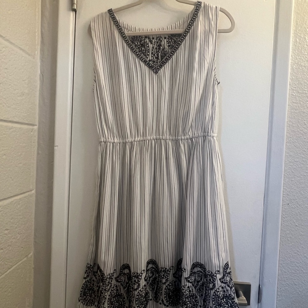 LOFT Black and White Striped Midi Dress